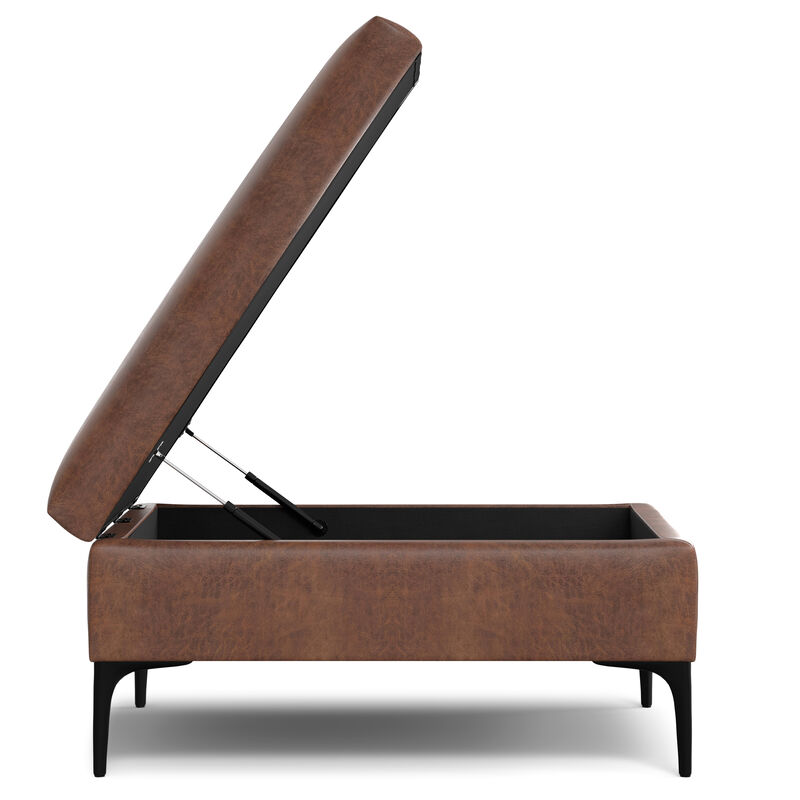 Rebecca 36 inch Wide Contemporary Square Mid Century Coffee Table Storage Ottoman with Lift Up Lid in Distressed Saddle Brown Vegan Faux Leather, Assembled