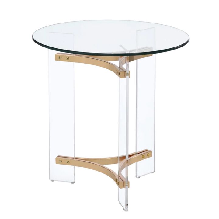 Hale 23 Inch Round End Table, Glass Top, Acrylic Legs, Clear, Gold-Benzara