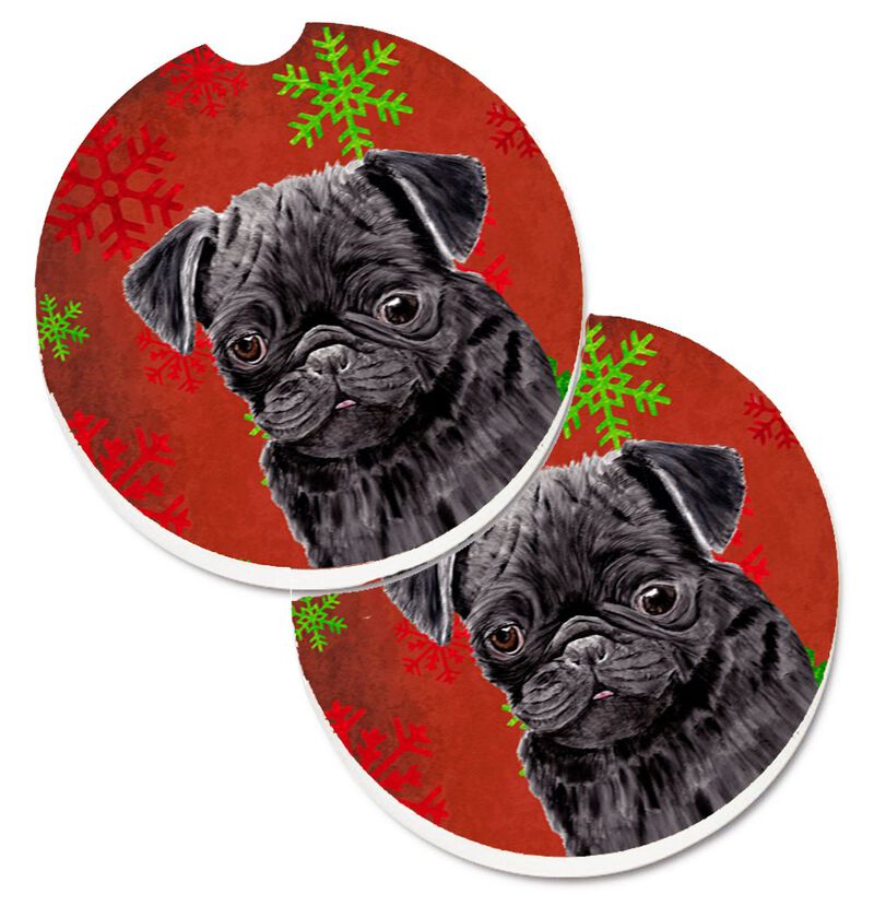 Caroline's Treasures Pug Red & green Snowflakes Holiday Christmas Set of 2 Cup Holder Car Coasters SC9406CARC, 2.56, Multicolor image number 0