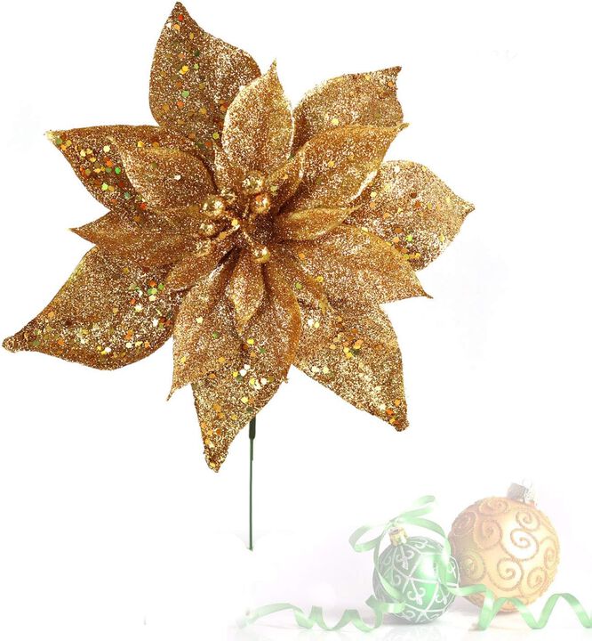 Sparkling 8.5-Inch Glitter Poinsettia Decorations, Set of 6 - Festive Christmas Holiday Home Accents