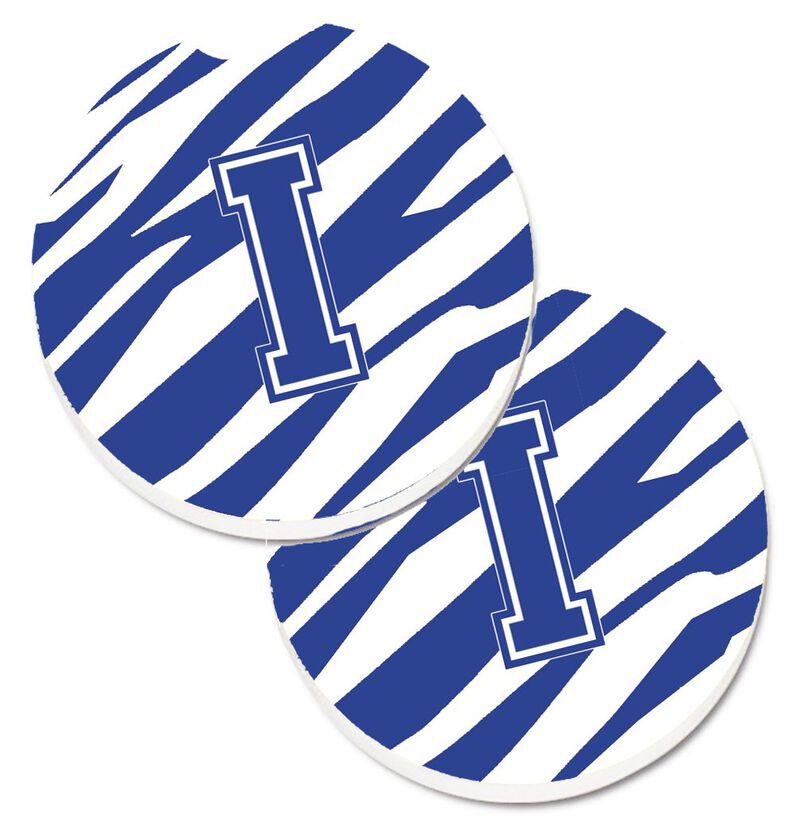 Caroline's Treasures Monogram Initial I Tiger Stripe Blue & White Set of 2 Cup Holder Car Coasters CJ1034-ICARC, 2.56, Multicolor
