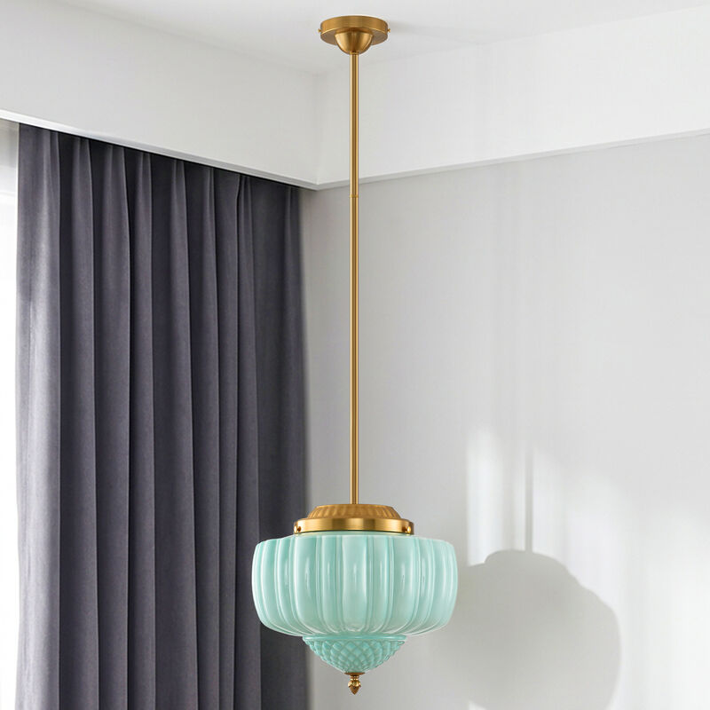 13" Schoolhouse Gold Pendant Light with Mint Green Milk Glass Shade and Adjustable Rod for Bedroom, Living Room or Dining Room image number 1
