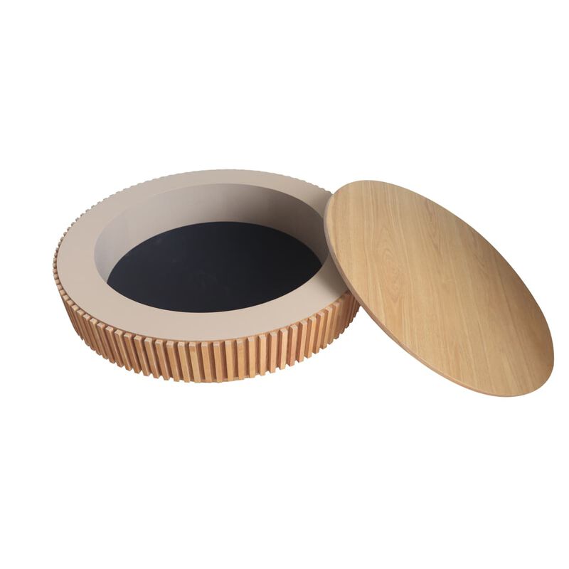 Round coffee table with storage Solid wood veneer and MDF coffee table with fluted base Modern accent coffee table for living room image number 6