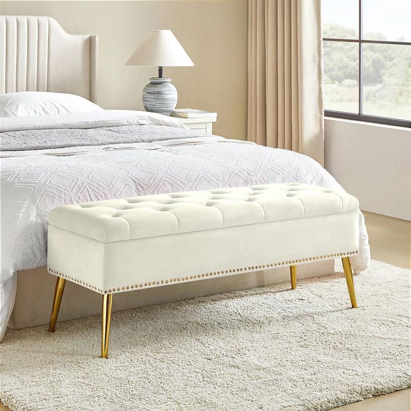 Hivvago Mid-Century Modern Bed Storage Bench with Ivory Velvet Seat and Gold Legs