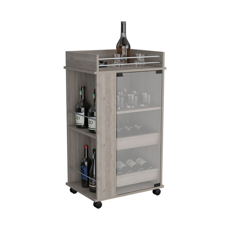 Lansing Bar Cart with Glass Door, 2-Side Shelves and Casters, Light Gray