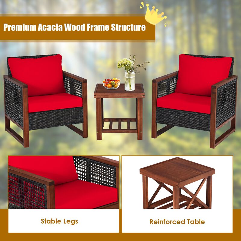 3 Pieces Patio Wicker Furniture Set with Washable Cushion and Acacia Wood Coffee Table image number 6