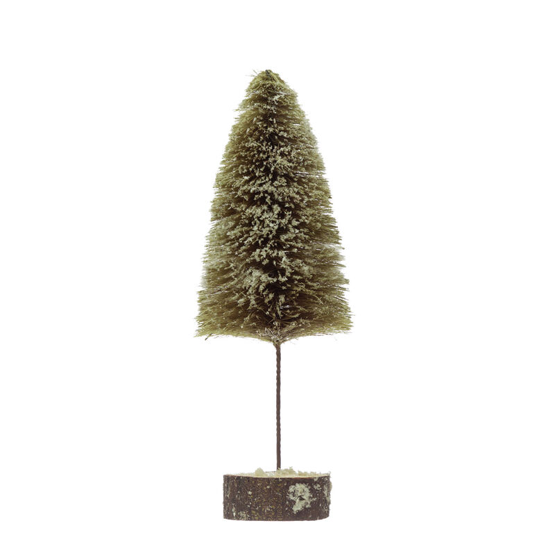 Sisal Bottle Brush Tree with Wood Slice Base with Snow Finish, Green image number 0