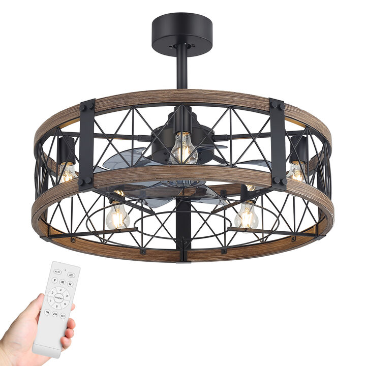 Breezary 28" Fandelier Ceiling Fan with Lights, 5 x E26 Base, Industrial Caged Fan, 6-Speed Remote