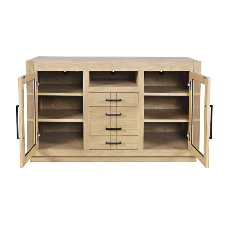 Jofran 50 Contemporary Media Console with Tempered Glass Doors, Drawers and Shelves