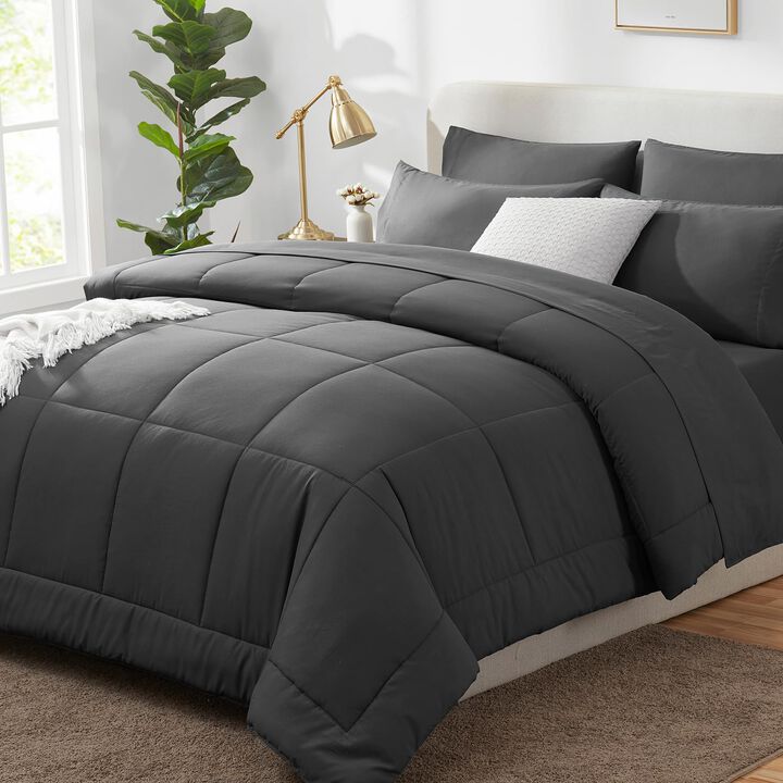 CozyLux King Size Comforter Set - 7 Pieces Bed in a Bag Set Dark Grey, King Bedding Set with All Season Quilted Comforter, Flat