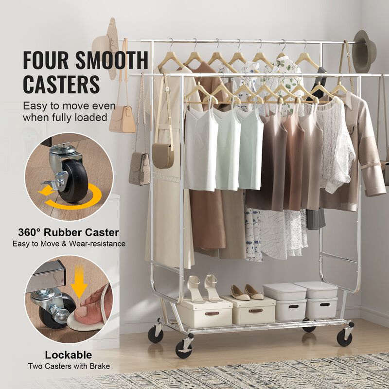 Heavy Duty Garment Rack with Double Rods, Adjustable Height, and Bottom Storage
