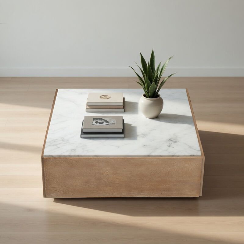 Joi 38 Inch Square Coffee Table, Real White Marble Top, Solid Mango Wood Base, Sandblasted Light Brown image number 6
