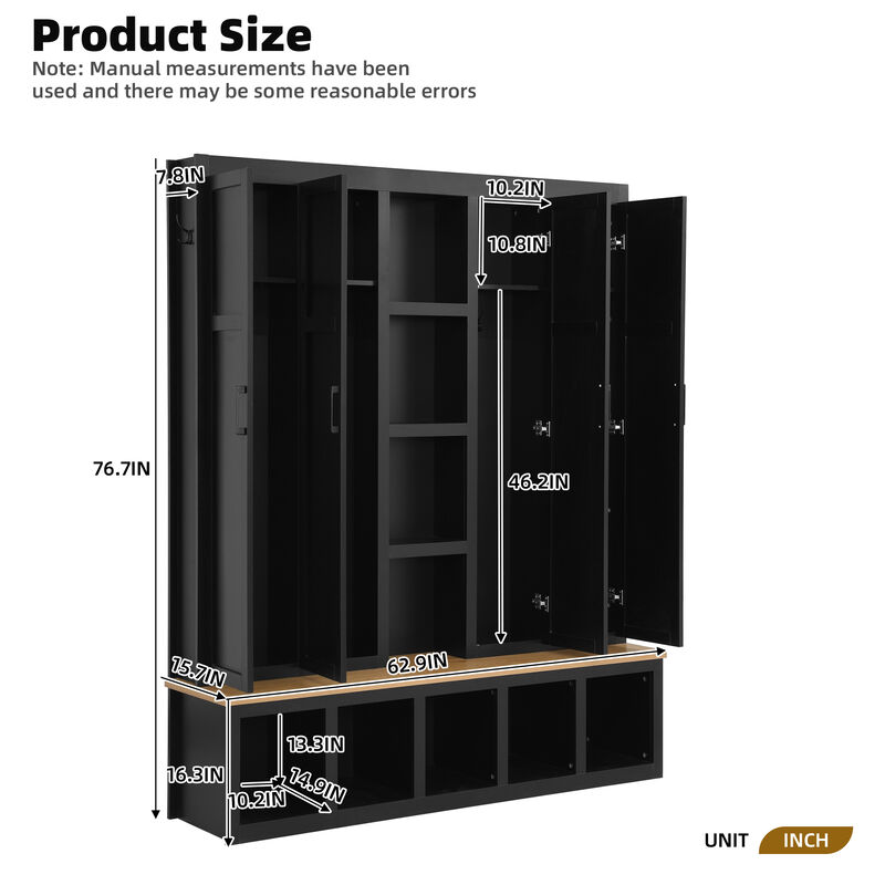 Merax Farmhouse 4-in-1 Hall Tree 6 Hanging Hooks, Wood Grain Bench | Shoe Cabinet with Open Storage