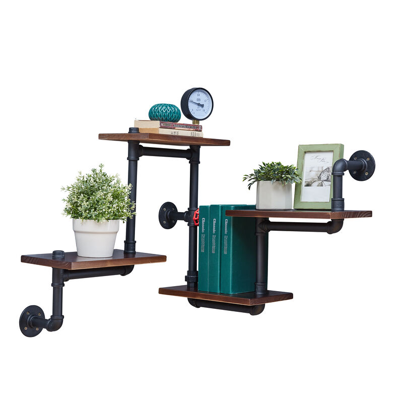4-Tier Floating Corner Or Flat Wall Shelf Staggered Floating Industrial Rustic Pipe Shelving Unit � Wall Mount