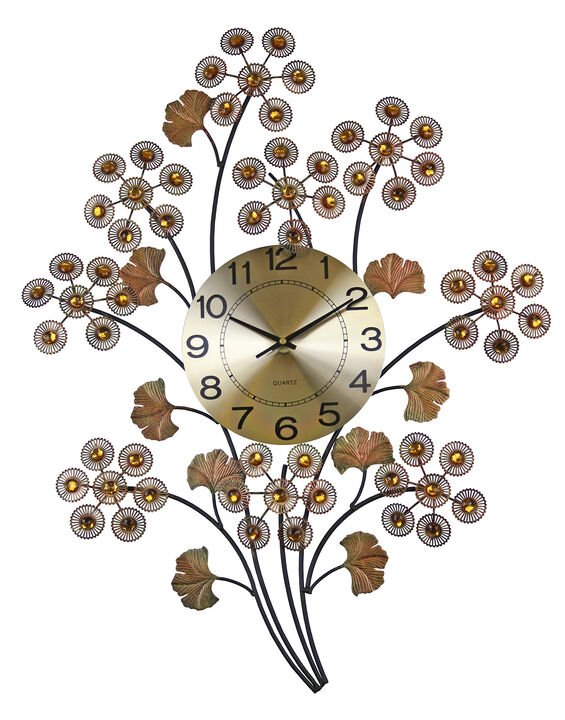 HomeRoots 22" Copper Metal And Faux Crystal Silent Analog Gingko Floral Wall Clock