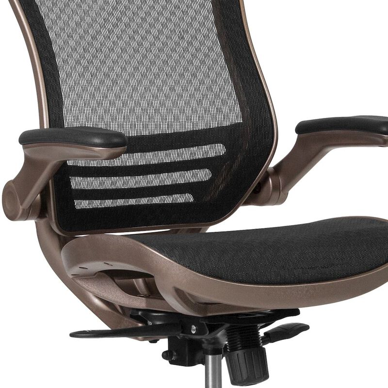 Flash Furniture Mid-Back Black Mesh Drafting Chair with Melrose Gold Frame and Flip-Up Arms image number 8