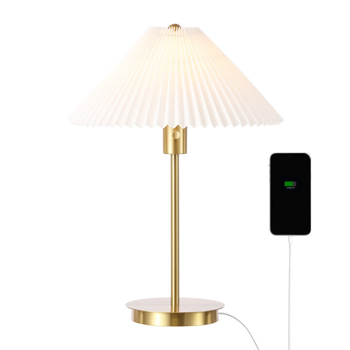 Freida 21.25" Modern Glam Metal Column LED Table Lamp with USB Charging Port and Pleated Shade, Brass Gold/White