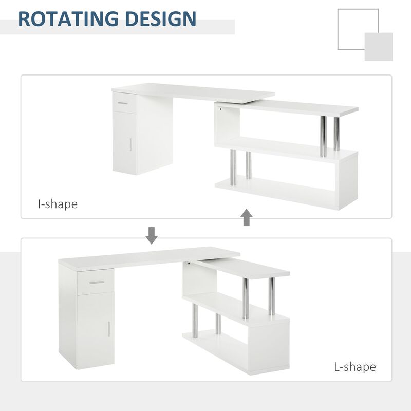 White Corner Workstation: L-Shaped Rotating Desk with Storage