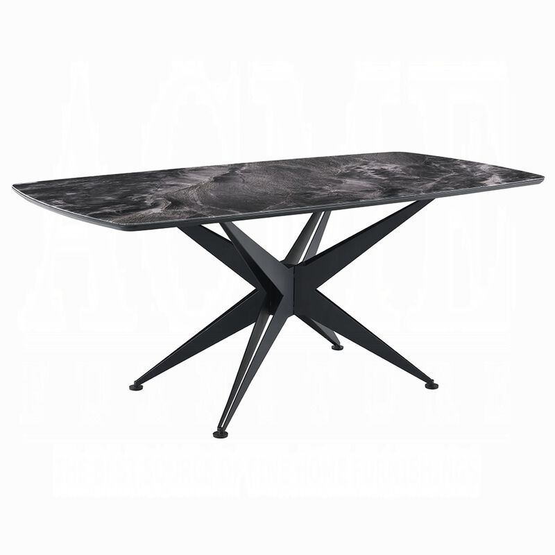 Laus Dining Table, 71 Inch Crystal Glass Top, Black Geometric Base