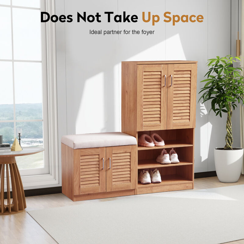 Multi functional Shoe Storage Cabinet with Bench & 7+3 Storage compartment, Adjustable layer board , Shoe Bench with Cushion for Entryway, Freestanding Shoe Rack for Mudroom, Hallway,oak image number 1