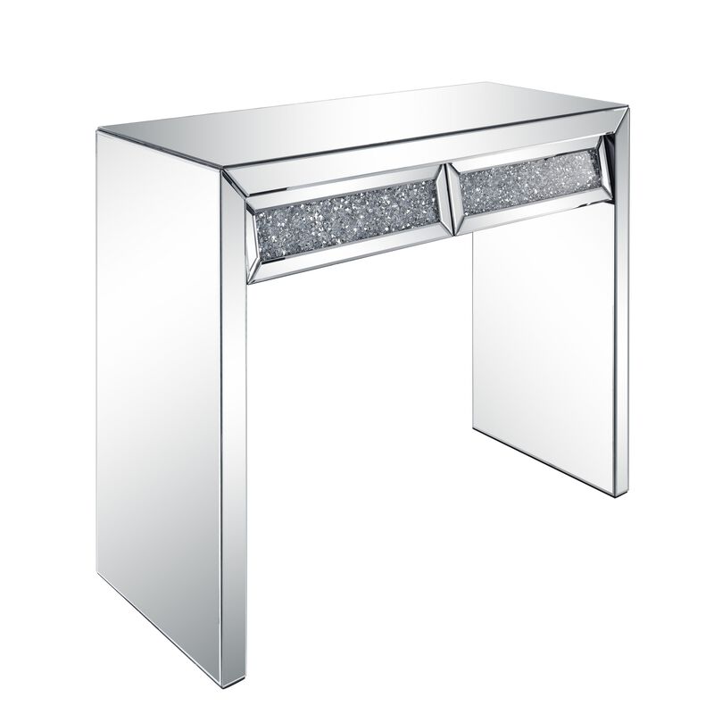 Console Table with Two Storage Drawers and Faux Diamond Inlay, Silver-Benzara