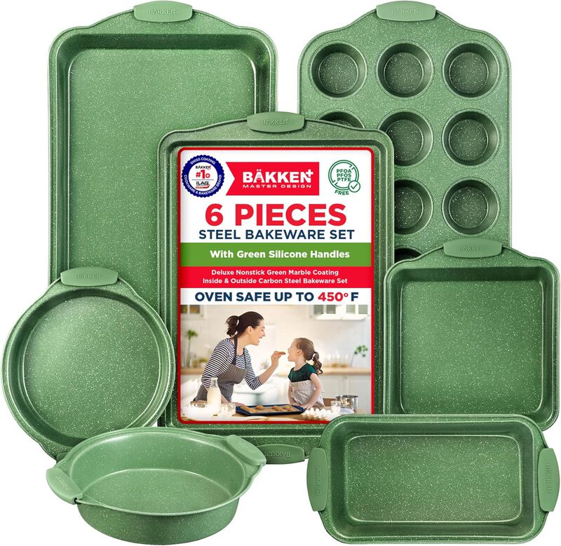 BAKKEN Kitchen Baking Pan Set - Nonstick Coating, Carbon Steel Bakeware Sets with Silicone Handles, Baking Kitchen Essentials, PFOA, PFOS, PTFE Free, Oven Safe Tray (Up To 450° F), Set of 6