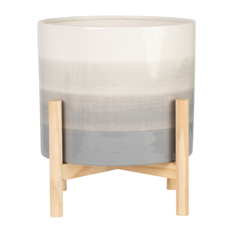 12" Ceramic Planter W/ Wood Stand, Beige Mix image number 2