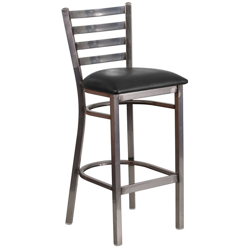 Flash Furniture HERCULES Series Clear Coated Ladder Back Metal Restaurant Barstool - Black Vinyl Seat