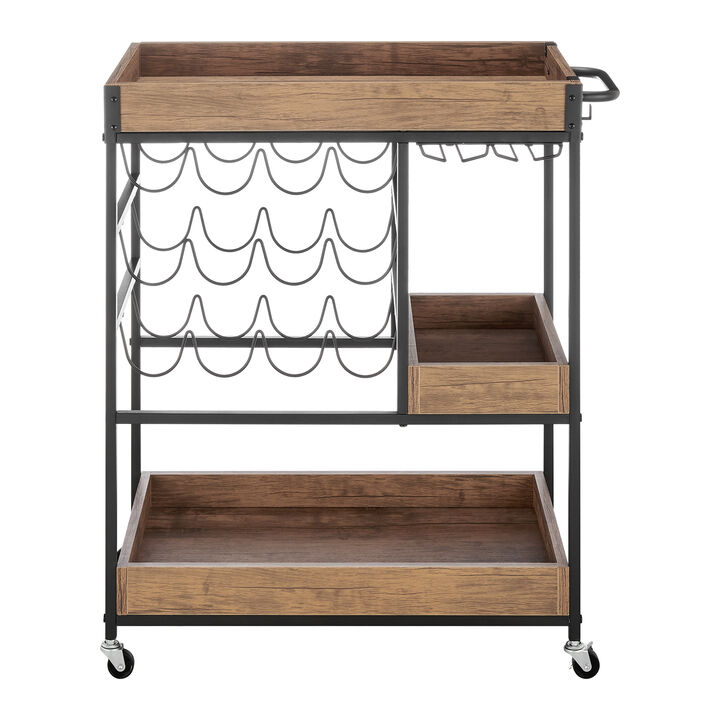 Rustic Walnut Veneer and Metal Rolling Farmhouse Wine Bar Cart with Wine Bottle and Glass Rack