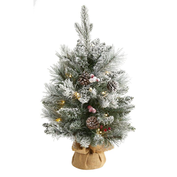 Nearly Natural 2-ft Flocked Artificial Christmas Tree with 30 Clear Lights, 73 Bendable Branches, Pine Cones and Berries
