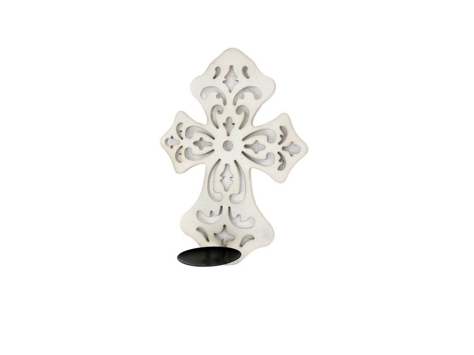 Cross Shaped Wooden Candle Holder with Scrolled Engravings, White - Benzara