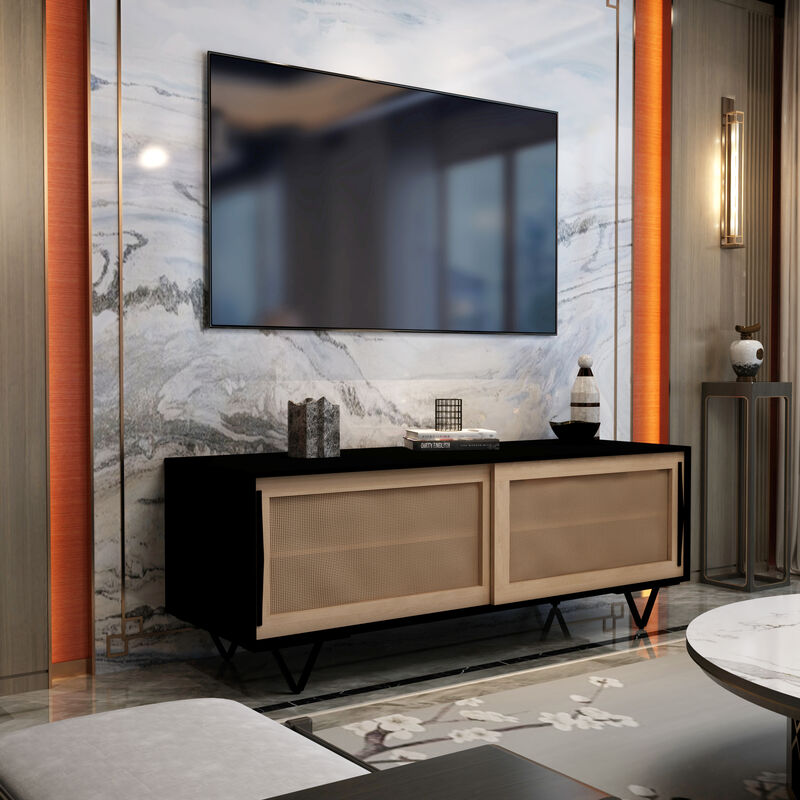 Handcrafted 60-Inch TV Media Console with Rattan Sliding Doors - Natural Brown And Matte Black Finish