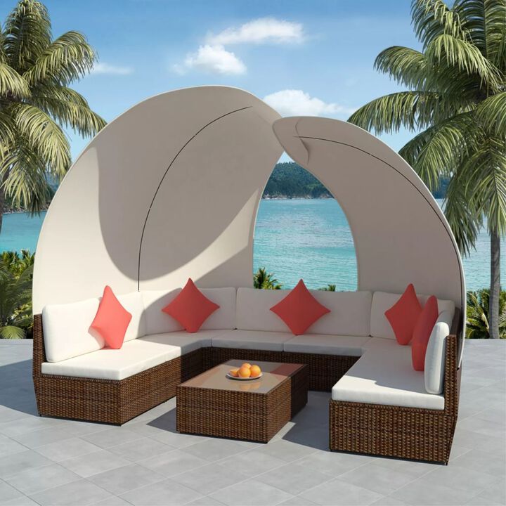 vidaXL 9 Piece Garden Lounge Set with Canopies Poly Rattan Brown