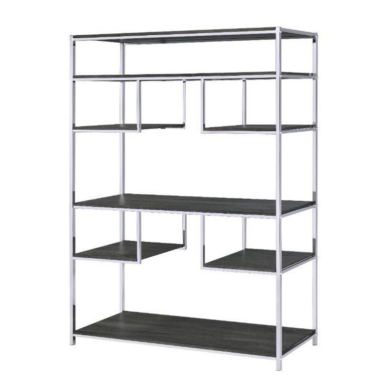 Etagere Bookshelf with 7 Shelves and Geometric Pattern,Silver and Dark Gray