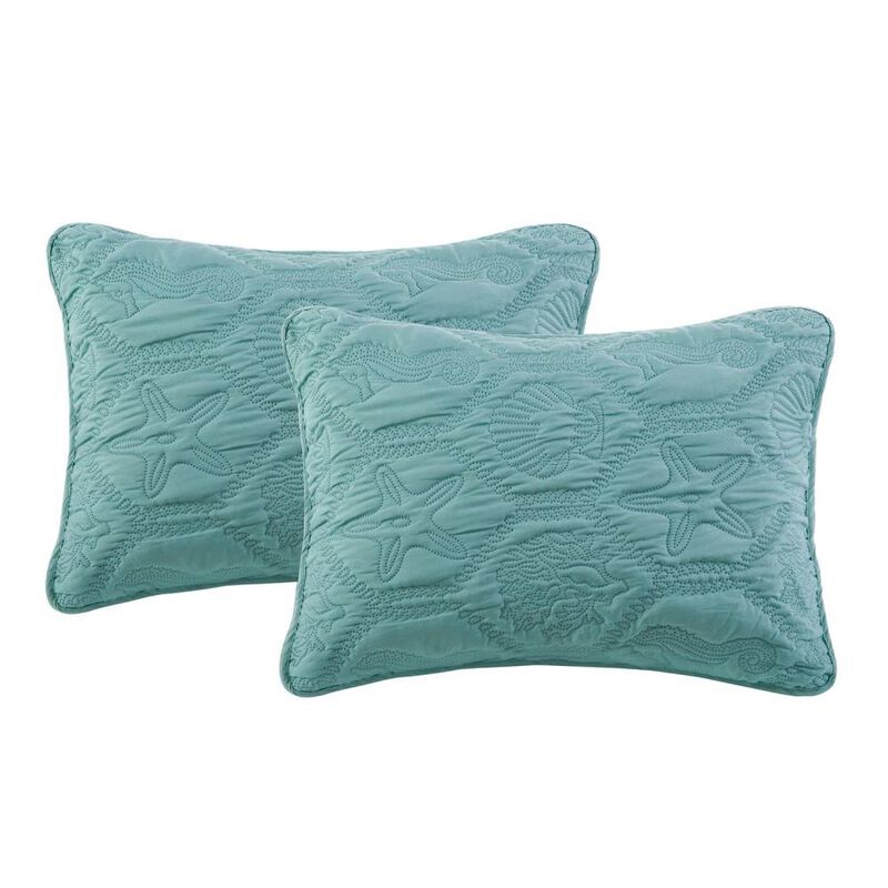 Hivvago King Coastal Beach Starfish Seashell Seahorse Aqua Blue Teal 3-Piece Quilt Set