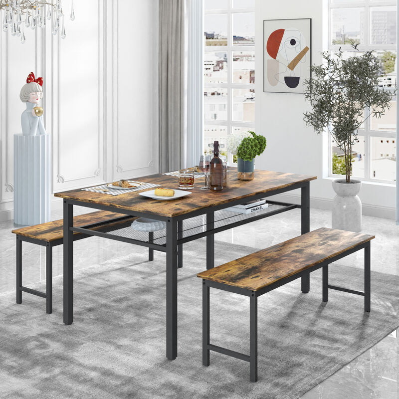3 Pieces Farmhouse Kitchen Table Set with Two Benches, Metal Frame and MDF Board