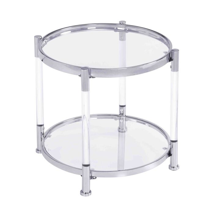 W71 Contemporary Acrylic End Table, Side Table with Tempered Glass Top, Chrome/Silver End Table for Living Room Bedroom