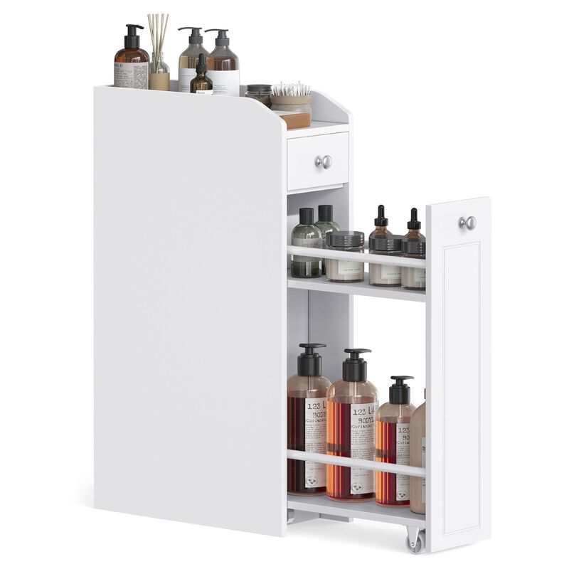 White Narrow Storage Organizer Cabinet with Pull Out Drawers image number 5