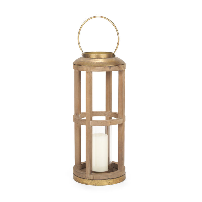 HomeRoots 26" Natural And Bronze Distressed Geometric Solid Wood And Metal Tabletop Lantern Candle Holder