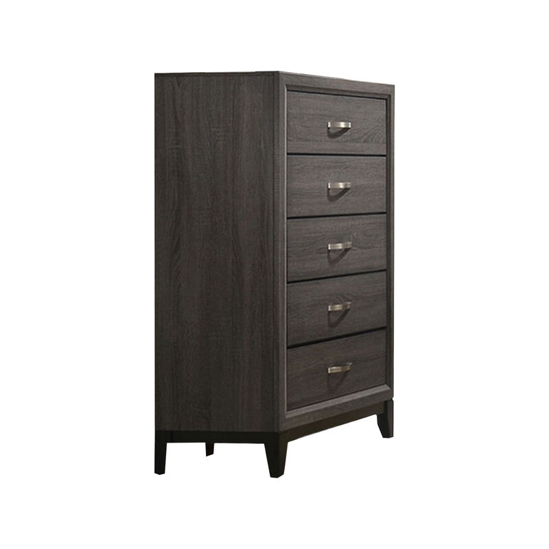 Erica Tall Dresser Chest, 5 Drawers, Gray Wood Finish, Metal Handles - Benzara