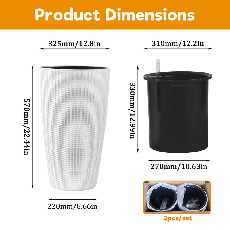 WOW PIONEER Set of 2 Faux Rattan Tall Planters for Indoor Outdoor Use with Automatic Watering System, Water Level Monitor, Inner Bucket for Garden Patio Porch Backyard image number 2