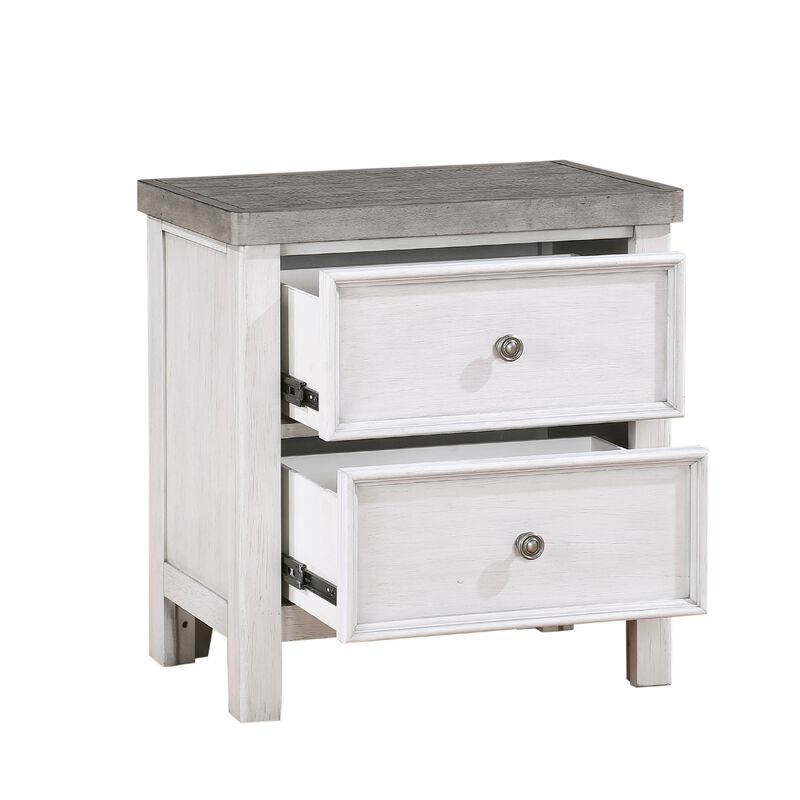 Amby Nightstand, 2 Drawers, Farmhouse Antique White, Gray Acacia Wood - Benzara