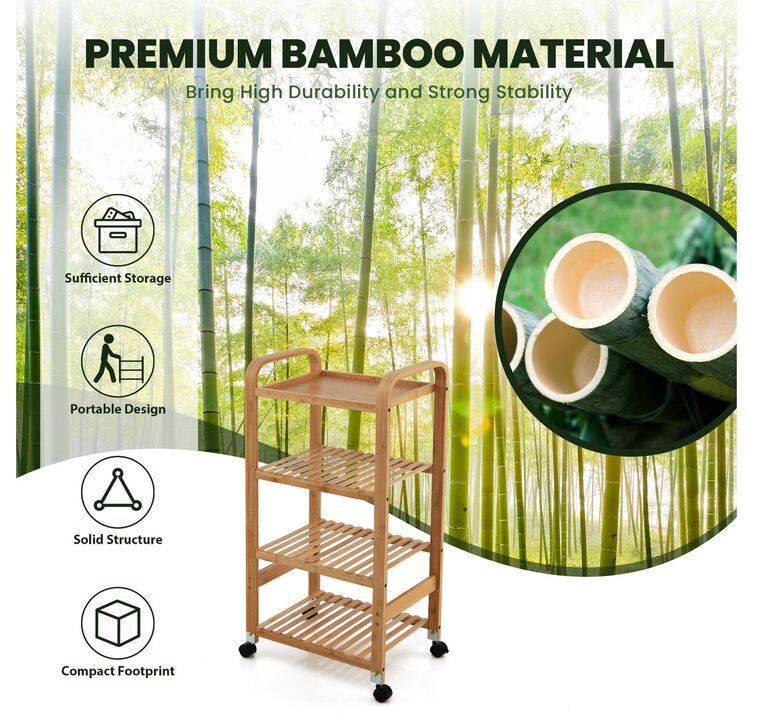 Bamboo Utility Cart with Storage Shelf and Lockable Casters-4-Tier