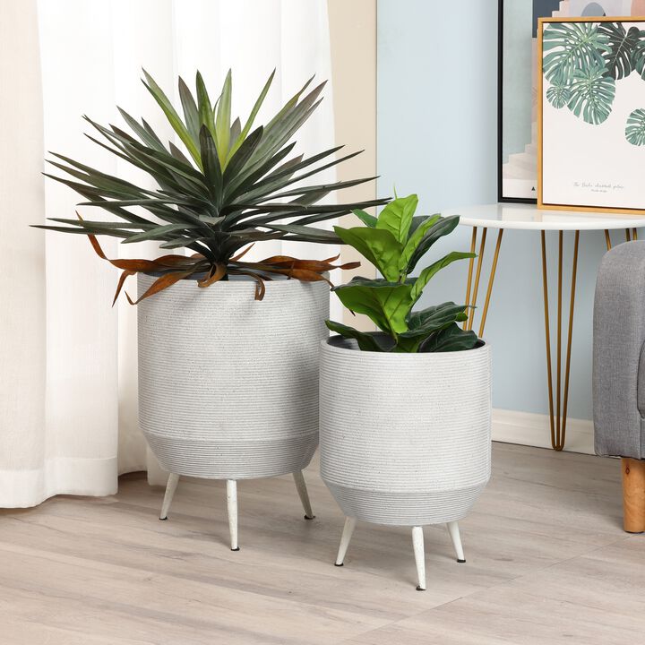 LuxenHome Set of 2 Light Gray Round Metal Cachepot Planters with Tripod Legs