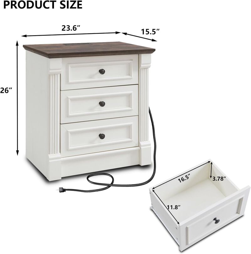 26" Farmhouse Nightstand with Charging Station, Drawer & Shelf image number 3