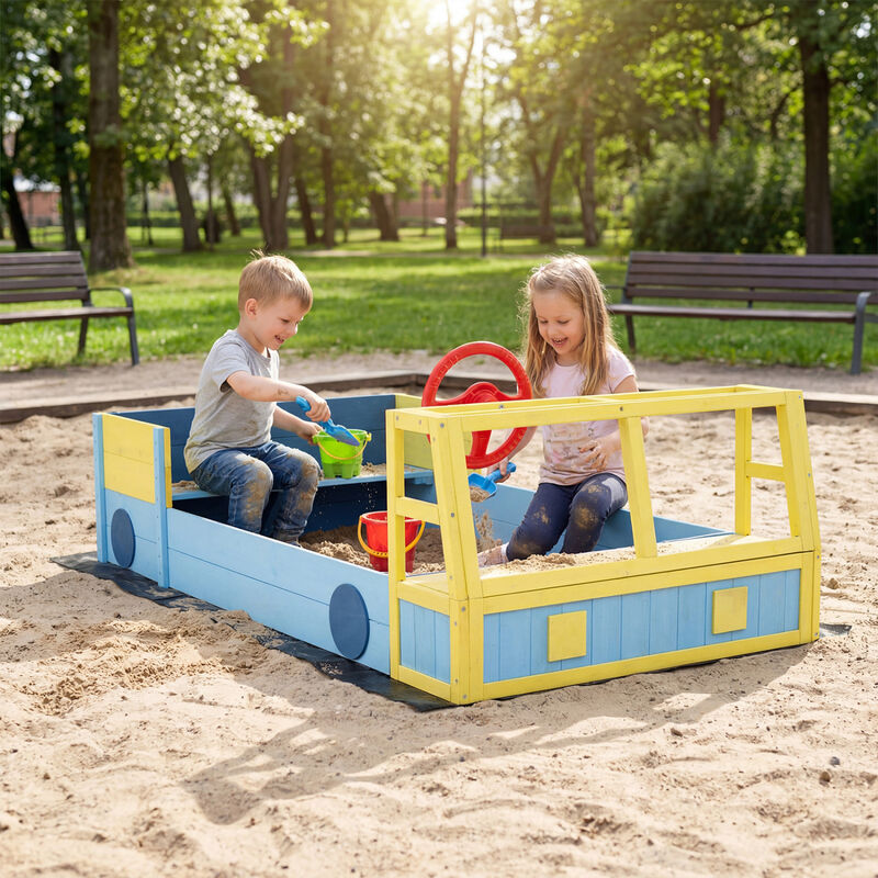 Large Car Style Sandbox with Wooden Frame and Bottom Liner for Kids Outdoor Play-Blue image number 1