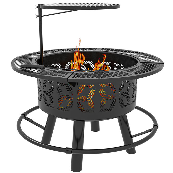 Outsunny 2-in-1 Fire Pit, BBQ Grill, 33" Portable Wood Burning Firepit with Adjustable Cooking Grate, Pan and Poker, Camping Bonfire Stove for Backyard, Patio, Picnic, Black