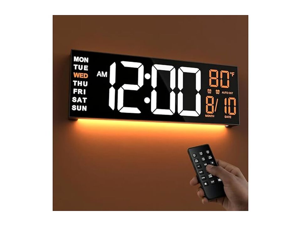 Digital Remote LED Auto Dimming RGB Wall Clock 16 Inch Glow In Dark
