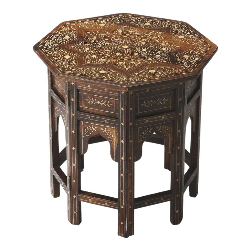 Starlight Canyon Home Vintage Side Table in Brown &ndash; Antique Side Table with Bone Inlay Design