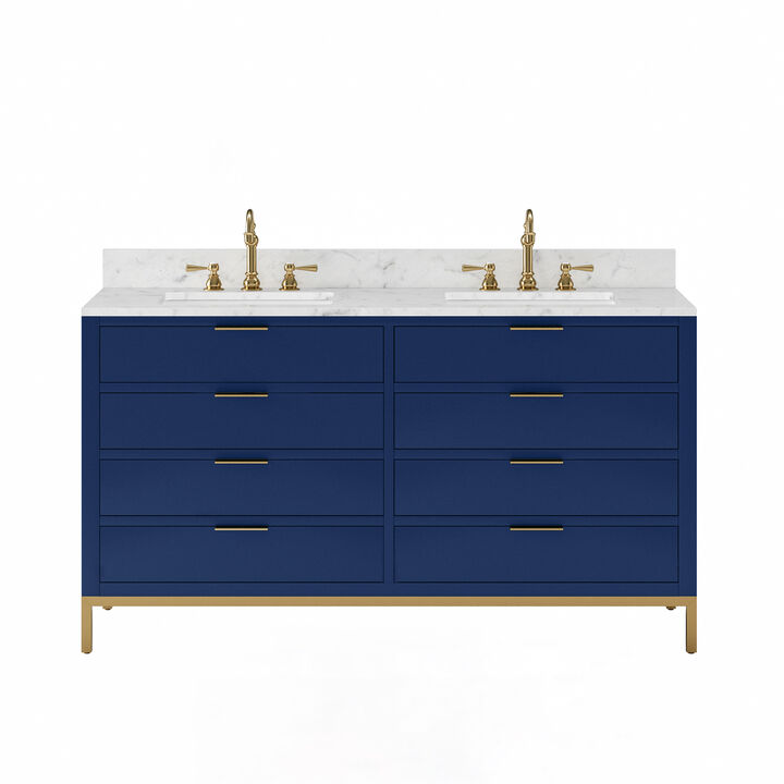 Bristol 60 In. Double Sink Carrara White Marble Countertop Bath Vanity in Monarch Blue